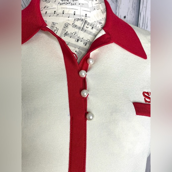 Sandro Irene Knit Contrast Stripe Polo Dress  Cream/Red 42 (US10) - Picture 4 of 12